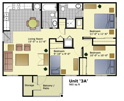 Floor plan for 3 beds, 2 baths, 965 sqft